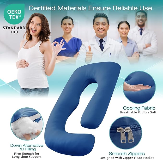 Sasttie Pregnancy Pillows for Sleeping, U Shaped Cooling Full Body Pillow with Removable Cover, Pregnant Women Must Haves, Maternity Essential, Navy