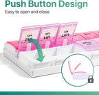 Sukuos AM PM Weekly Pill Organizer 7 Day, 2 Times A Day Medicine Pill Box with Easy Push Button, BPA Free Vitamin Cases for Fish Oil/Supplements, Easy to Clean (Purple&Pink)