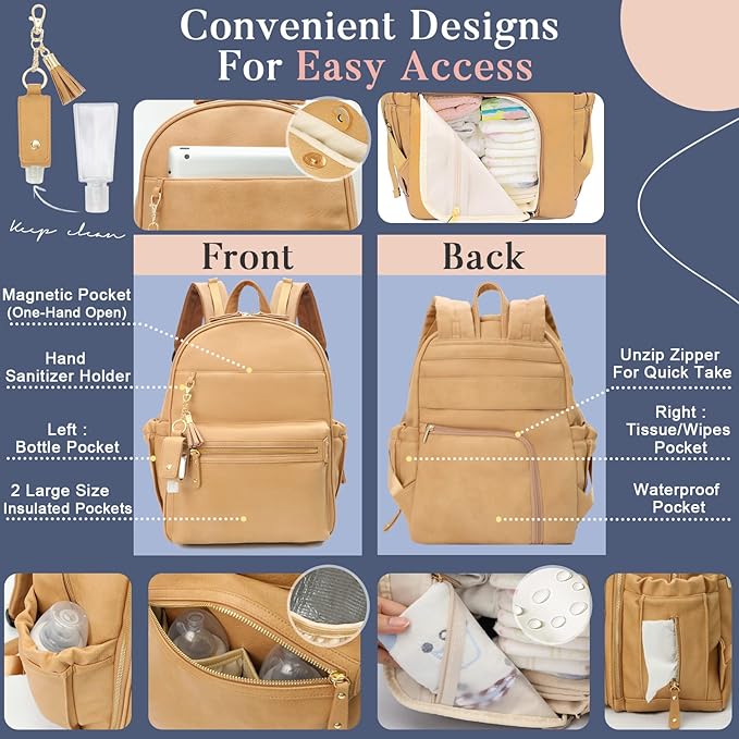 miss fong Leather Diaper Bag Backpack Baby Diaper Bag with 16 Pockets Baby Bag with Hand Sanitizer Holder, Changing Pad, 2 Insulated Pockets(Peanut)