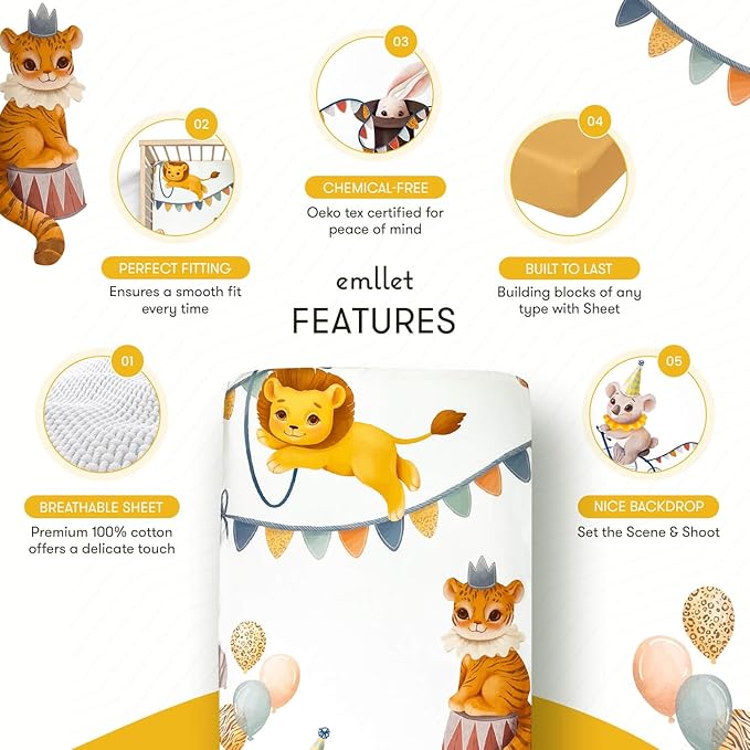 100% Cotton Fitted Crib Sheet – “Carnival Fun” Circus Theme Nursery Bedding, Colorful Baby Crib/Toddler Sheet (Standard Size)