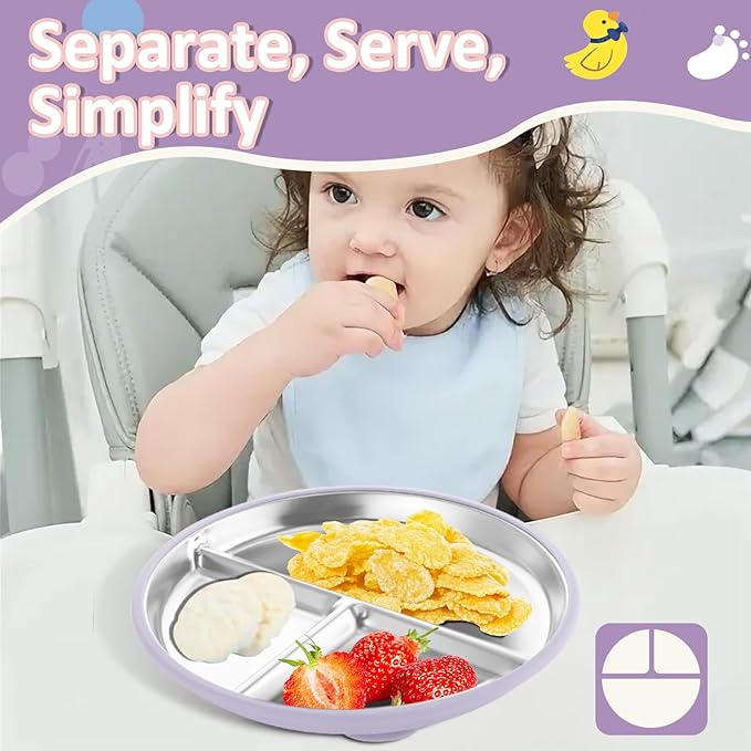 Stainless Steel Suction Plates for Toddlers, 9" Divided Kids Baby Plates with Removable Silicone Suction, Non Toxic Non Slip Portion Control Snack Dishes 3 Packs, Pink Beige Lilac