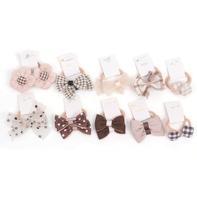 Boutique Baby Hair Bows and Elastics, 20 Pcs Toddler Ponytail Holders with Bows, 1.2 Inch Pigtails Rubber Bands Hair Accessories for Little Girls (Set-D)