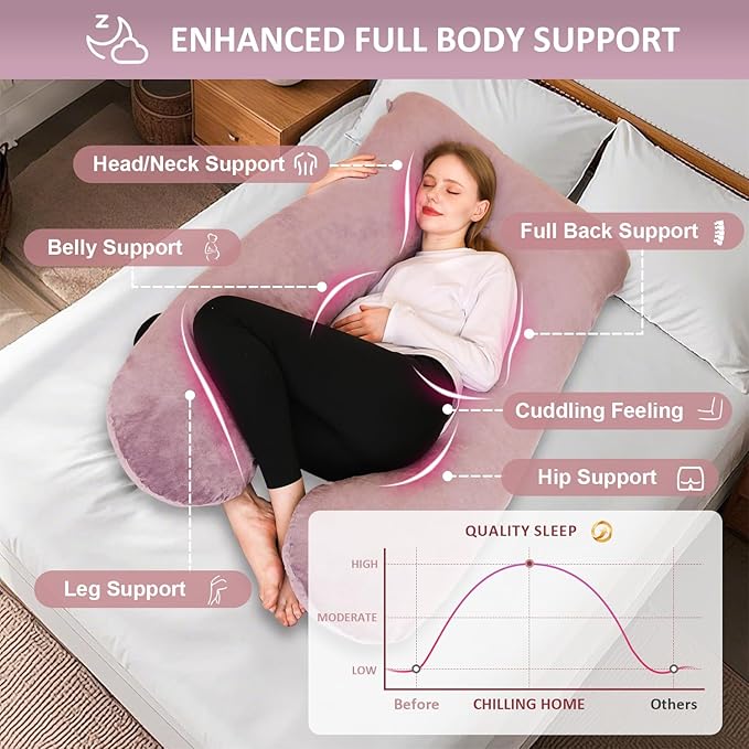Chilling Home Pregnancy Pillow, U Shape Pregnancy Pillows for Sleeping, 55in Body Pillow for Sleeping, Body Pillows for Adults, Maternity Pillow, Velvet Removable Cover, Pink