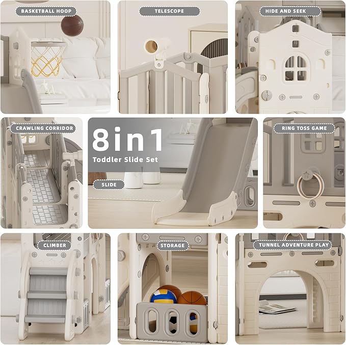 KORIMEFA Toddler Slide Set, 8 in 1 Kids Slide, Indoor Outdoor Slide for Toddlers Age 1-3, Toddler Playset with Basketball Hoop and Tunnel, Toddler Indoor Outdoor Playground