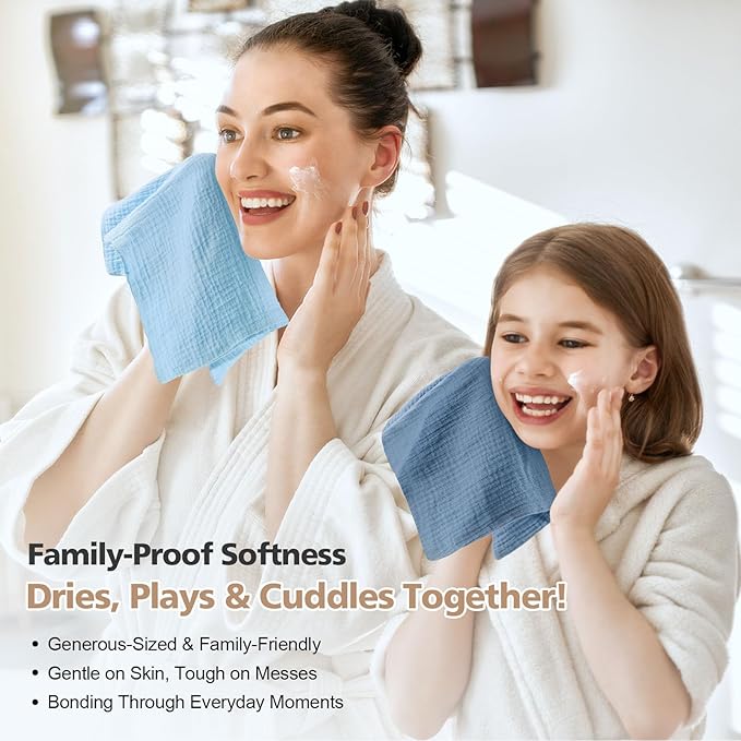 MUKIN Baby Washcloths,Muslin Burp Cloths Towels for Newborns,Absorbent Cotton Bath Face Towel ，5 Pack, 12x12 Inches (Glacier Mist)