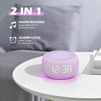 Buffbee Sound Machine & Alarm Clock 2-in-1, 0-100% Clock Face Brightness, Bottom Colored Light, Sleep Timer, Precise 30-Level Volume White Noise Machine, Digital Alarm Clocks for Bedrooms - Purple