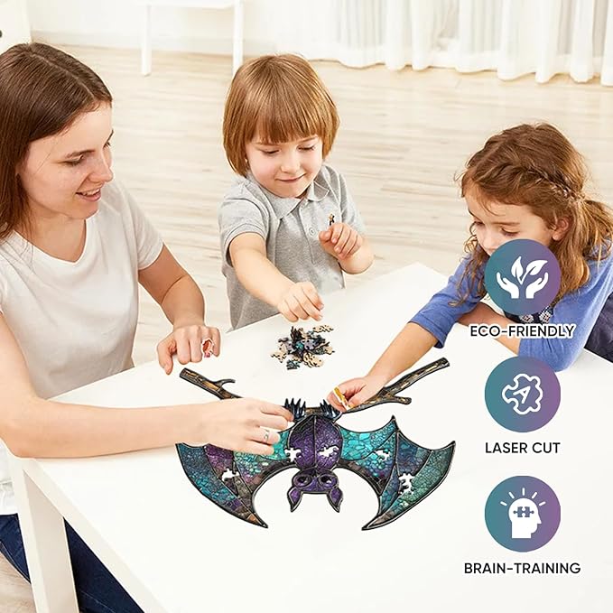Wooden Puzzles for Adult -Bat Shaped Puzzls,300 Pieces,Unique Design Irregularly Shaped Wooden Jigsaw Puzzles for Adults and Kids,Family Game Puzzle Gifts, Halloween Jigsaw Puzzle,13.2 * 12.5Inch