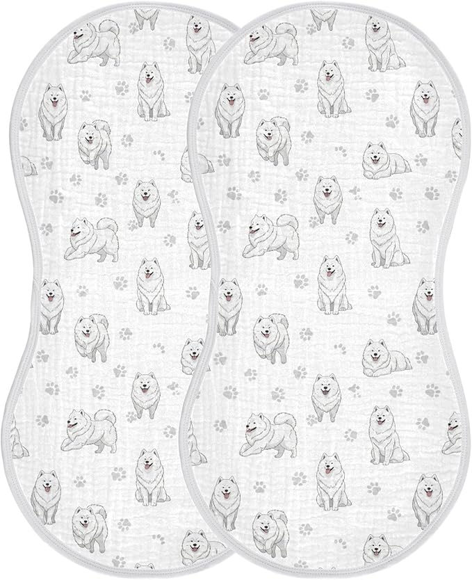 2 Pack Muslin Burp Cloths Samoyed Dogs White Cotton Baby Burp Cloths Extra Absorbent and Soft Thick Burping Cloth for Baby Boys Girls 22x11 Inch