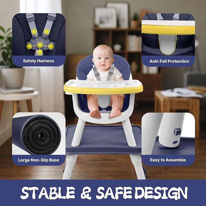 4 in 1 Baby High Chair, Toddler Chair with Removable Tray, Convertible High Chairs for Babies and Toddlers, Kids Learning Table, Building Block Table, Dining Booster Seat with Safety Harness, Blue