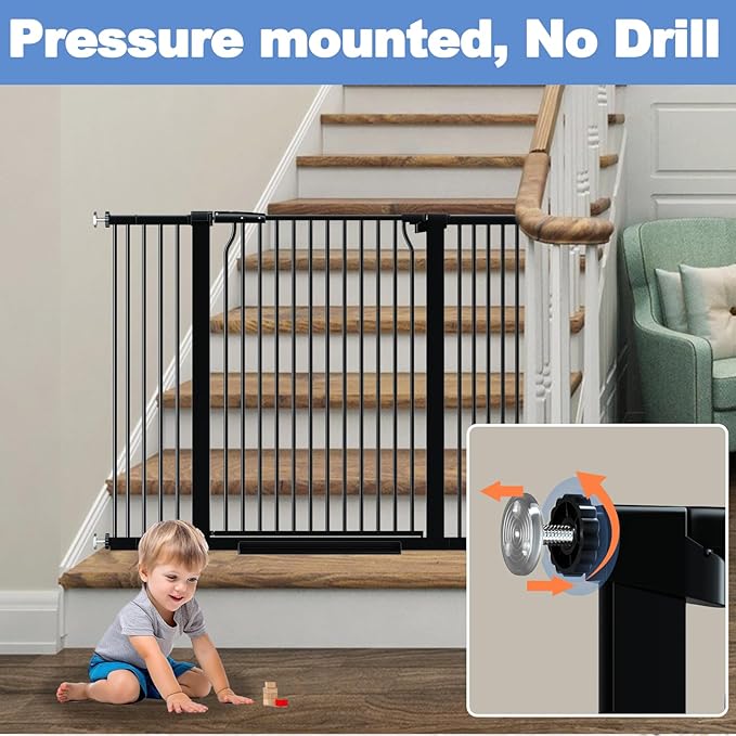 60.2"-65.7" Baby Gates Extra Wide, 40.5" Tall Dog Gate Indoor, Walk Through Pet Gates for Doorways Kitchen No Drilling Auto Close Pressure Mounted Safety Child Toddler Gate, Black