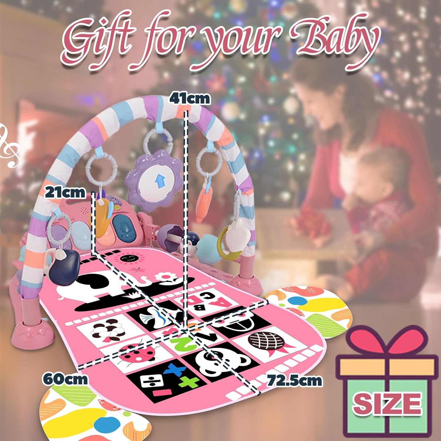 Baby Play Gym for 0-6 Months, High Contrast Tummy Time Mat, Kick and Play Piano, Music and Lights, Newborn Gifts for Girls, Pink
