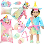 American 18 inch Doll Clothes and Sleeping Bag Set - Rainbow Unicorn Doll Costume with Unicorn Style Sleeping Bag, Pillow, Eye Mask Slumber Party Accessories