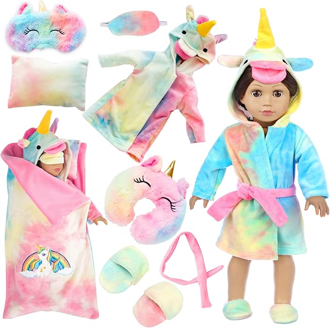 American 18 inch Doll Clothes and Sleeping Bag Set - Rainbow Unicorn Doll Costume with Unicorn Style Sleeping Bag, Pillow, Eye Mask Slumber Party Accessories