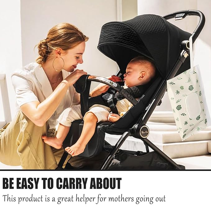 FEBSNOW 2 Pack Baby Wipes Dispenser Holder, Portable Refillable Baby Wet Wipes Pouch Container Reusable Travel Case for Outdoor Hiking, Green Leaves