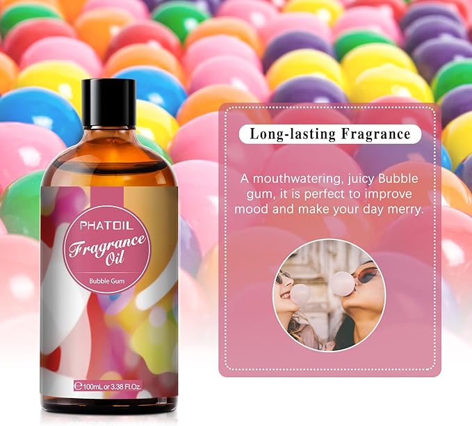 PHATOIL 3.38FL.OZ Bubble Gum Fragrance Oils for Aromatherapy, Essential Oils for Diffusers for Home, Perfect for Diffuser, DIY Candle and Soap Making, DIY Scented Products - 100ml