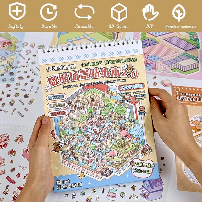 Sticker Therapy 3D Scenes – 6 Sets Large Size DIY 3D Sticker Scene with Tweezer for Adults & Kids Relief Stress Pass The Time, Cute Miniature House & Room Material Collection Book 01