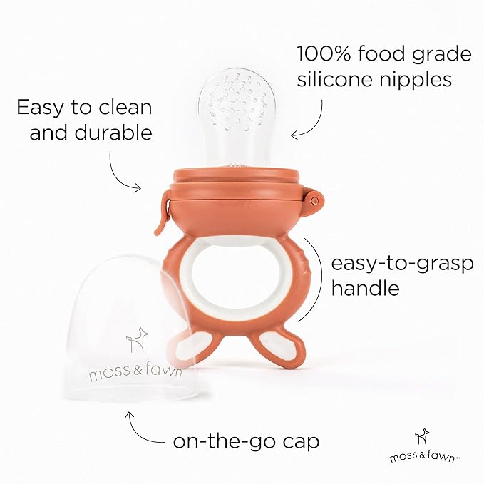 Moss and Fawn Little Explorer Kit - Silicone Frozen Breast Milk Popsicle Kit with Forage Feeder, Teething Popsicle Ice Cube Tray, & Gather & Roll Baby Feeding Bib - BPA, PVC, & Lead-Free - Terracotta