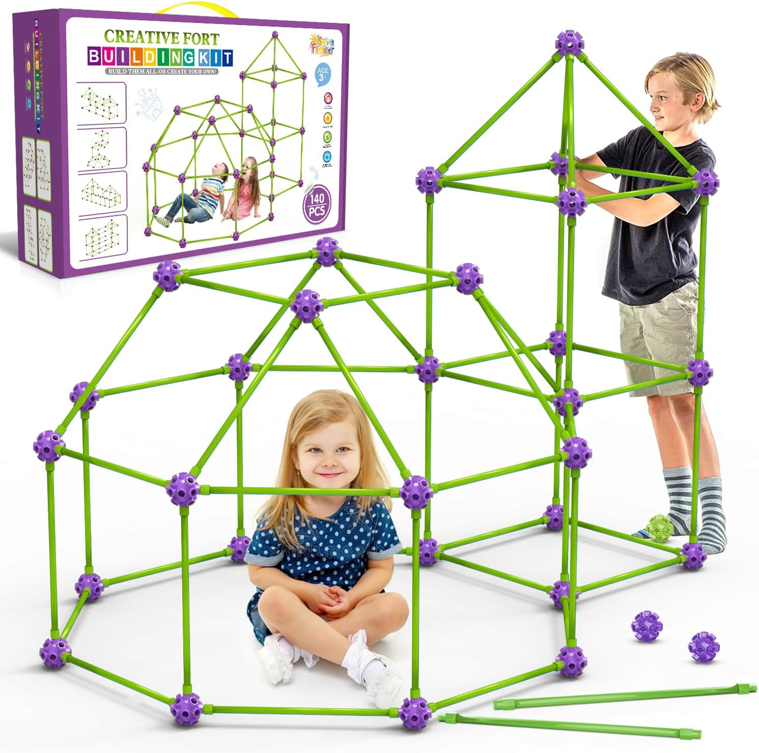 Fort Building Kit for Kids,STEM Construction Toys, Educational Gift for 3 4 5 6 7 8 9 10 11 12 Years Old Boys and Girls,Ultimate Creative Set for Indoor & Outdoors Activity,140 Pcs,Purple