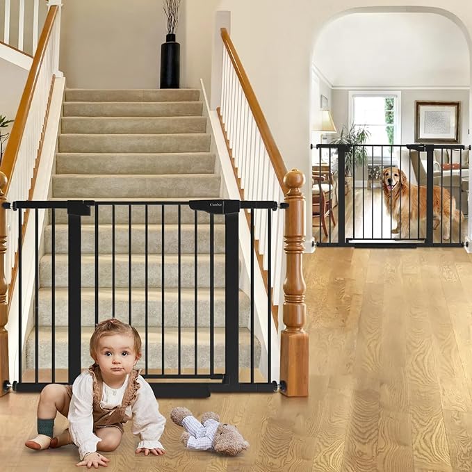Cumbor 2 Pack 29.7-46" Baby Gate for Stairs, Mom's Choice Awards Winner-Auto Close Dog Gate for doorways, Easy Install Pressure Mounted Pet Gates indoor, Easy Walk Thru Wide Safety Gate for Dog, Black
