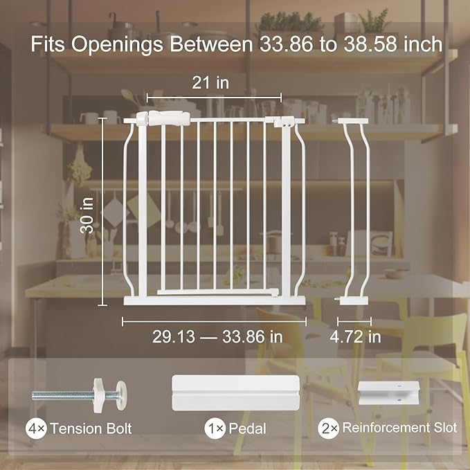 Baby Gate for Stairs No Drill 33.86-38.58 Inch,Pressure Mounted Metal Child Safety Dog Gates for Doorways,Walk Through Pet Gate Indoor Auto Close,White
