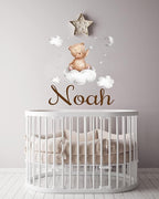 Custom Name Teddy Bear Nursery Wall Decal - Moon, Starts Clouds Watercolor Baby Room Decor for Boys & Girls - Teddy Bear Wall Stickers - Personalized Name Wall Sticker for Nursery playroom