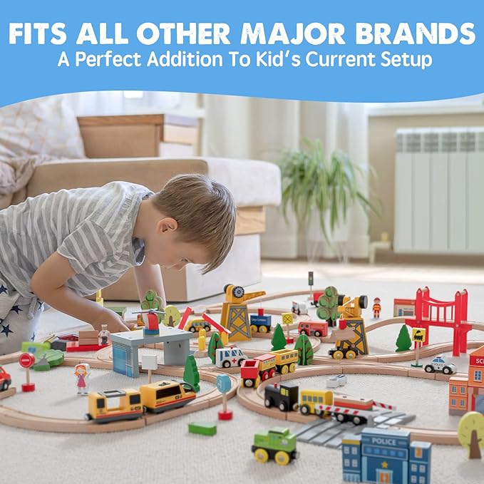 Tiny Land 55PCS Wooden Train Set - Compatible with Major Brand Tracks, Educational Toy for Toddlers & Kids Ages 3-7, Durable Wooden Railway Tracks