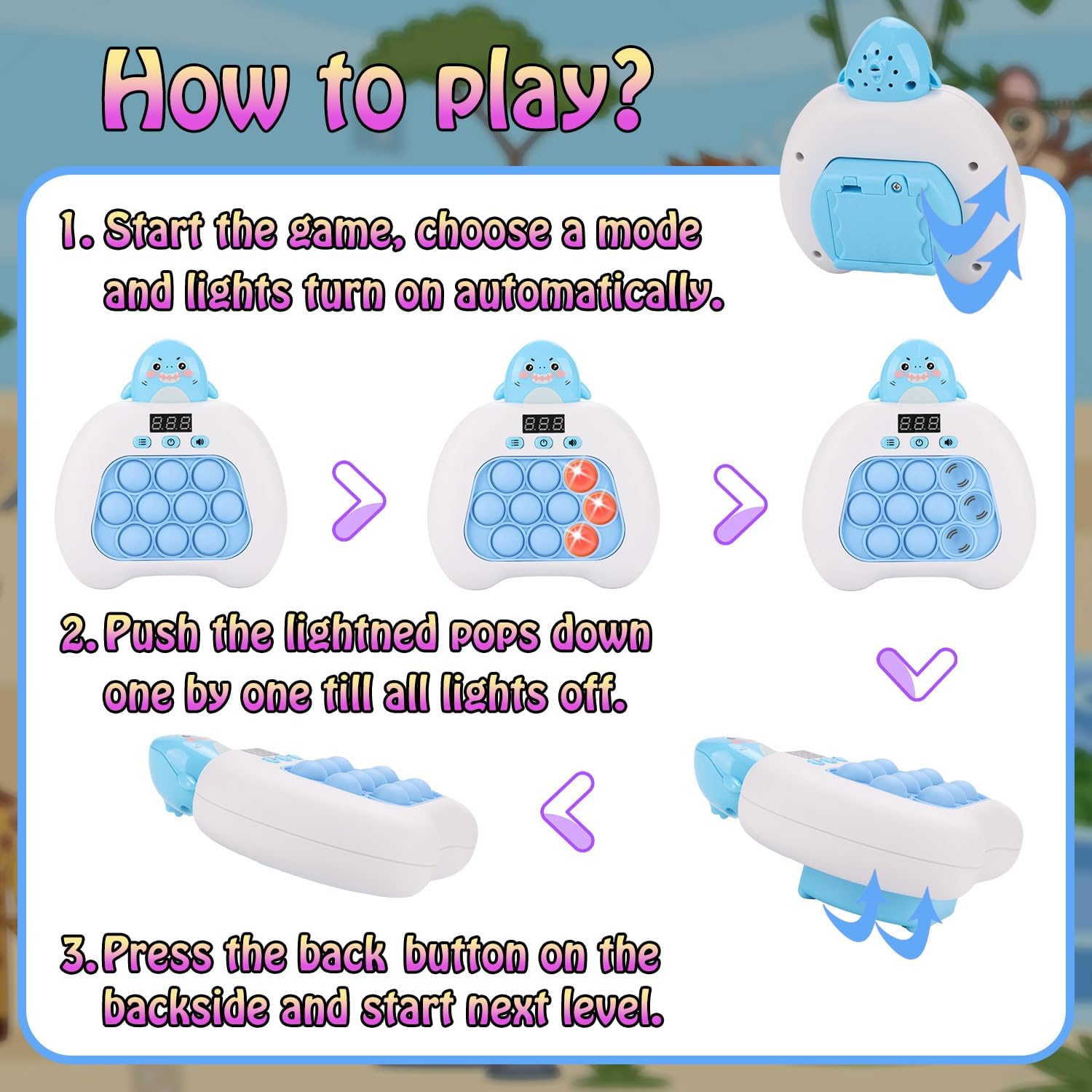 Quick Push Console Game, Pop Game Light up Fidget Toy, Handheld Puzzle Game Fast Push Bubble Game with Game Clearance Screen for Kids Teens Adults (Shark)