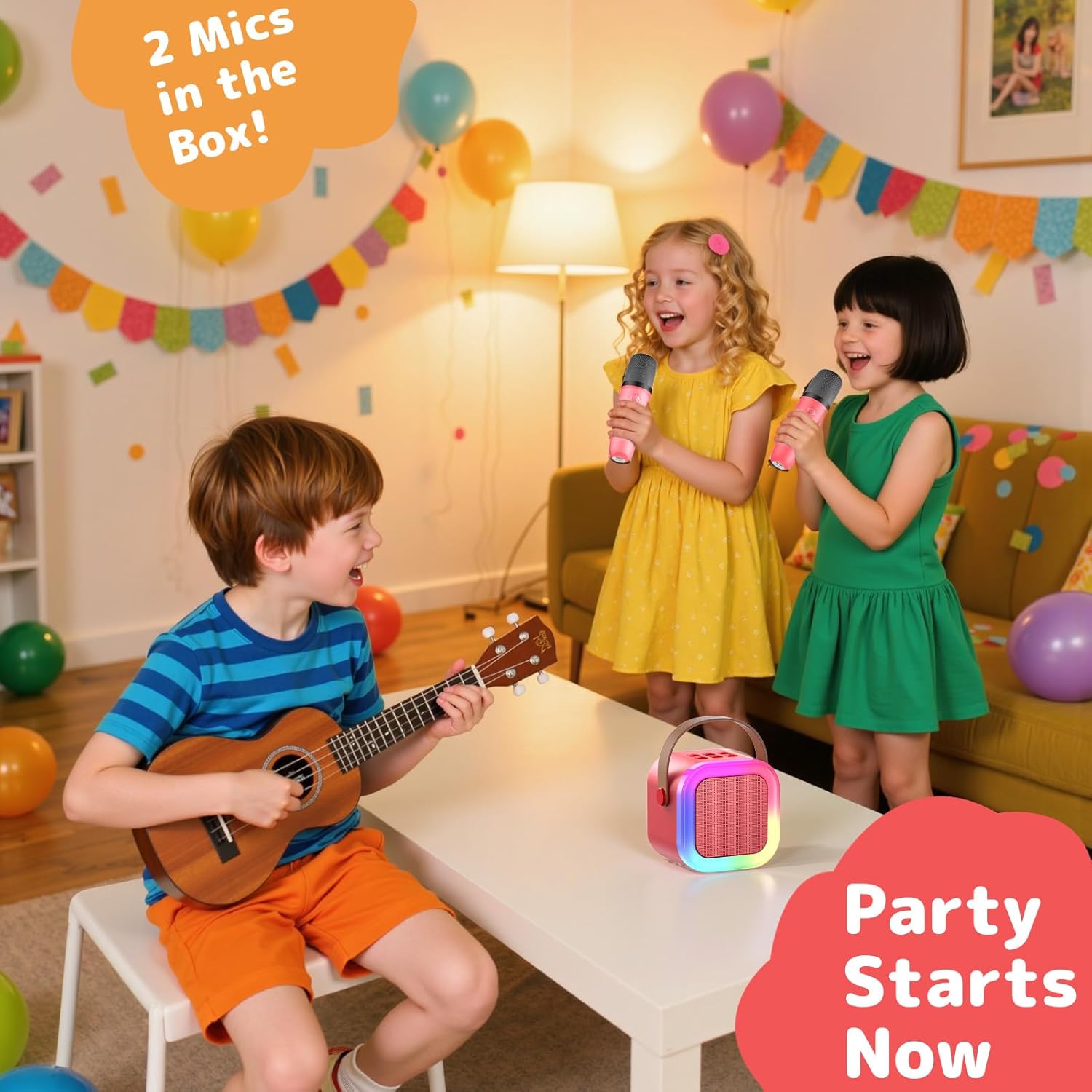 Fede Karaoke Machine for Kids Adults, Mini Karaoke Machine with 2 Wireless Microphones, Portable Bluetooth Speaker with Voice Changing Effects & LED Lights, Best Gifts Toys for Girls and Boys