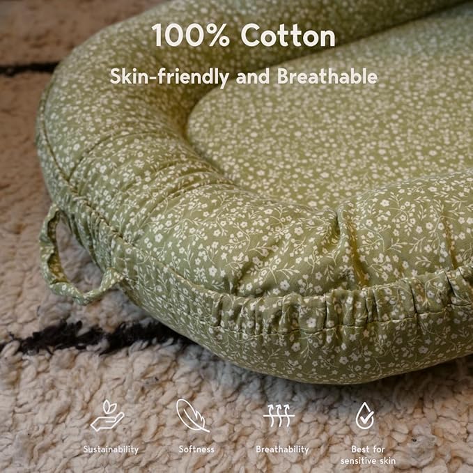 Infant Lounger, Baby Nest Cover for Baby Girls & Boys, Newborn Essentials for Baby 0-18+ Months, 100% Cotton Breathable (Green_Wonder, Cotton_Muslin)