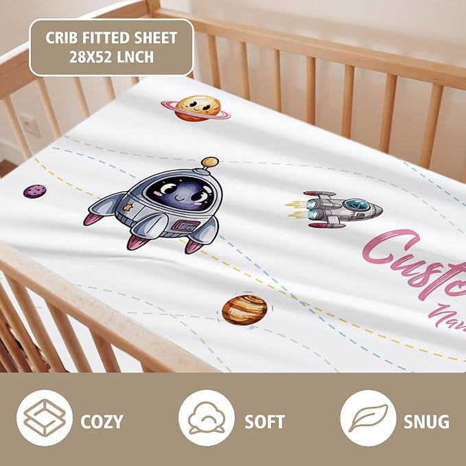 Personalized Baby Crib Bedding Set - Colorful Rockets Theme Nursery Bedding Sets 3 Piece with Custom Name Blanket, Fitted Crib Sheet & Changing Pad Cover – Ideal Newborn Gift for Girls