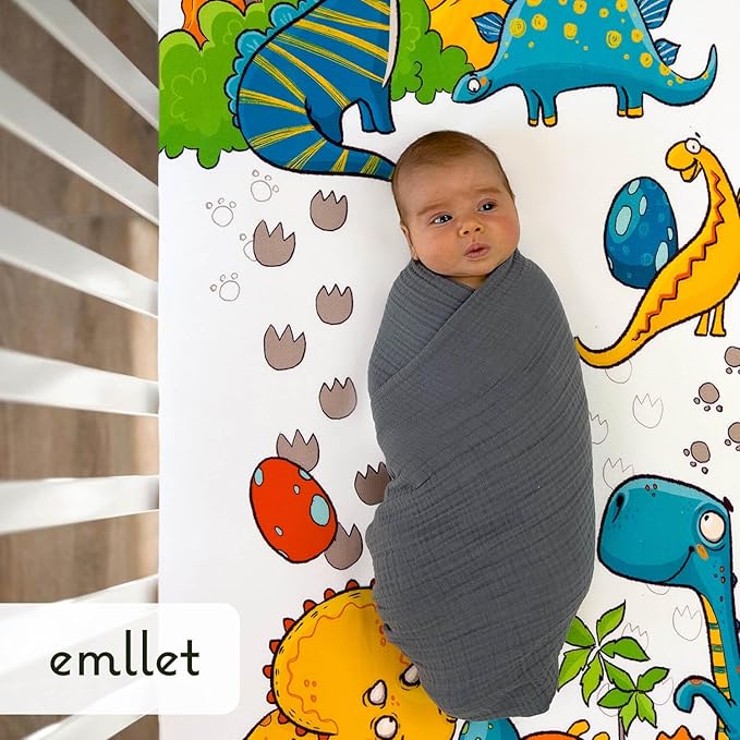 100% Cotton Crib Sheet – “Dino Adventure” Dinosaur Theme for Boys & Girls, Breathable Toddler Bedding, Fits Standard 52” x 28” Crib Mattress