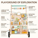 Baby Push Walker, Wooden Baby Walker with Wheels, Montessori Activity Center for 1 Year Old Boys Girls, Adjustable Speed & Height Push Toy for Toddlers, Educational Gift for Ages 1+ Kids Development