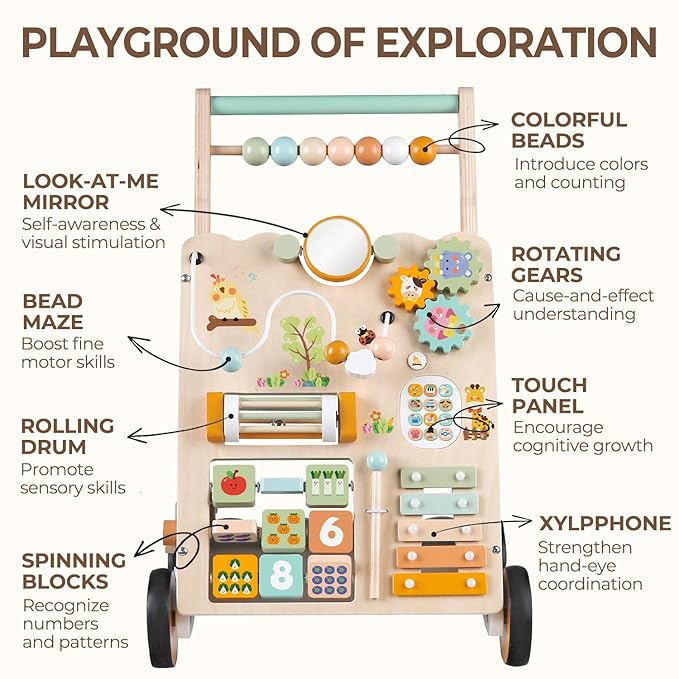 Baby Push Walker, Wooden Baby Walker with Wheels, Montessori Activity Center for 1 Year Old Boys Girls, Adjustable Speed & Height Push Toy for Toddlers, Educational Gift for Ages 1+ Kids Development