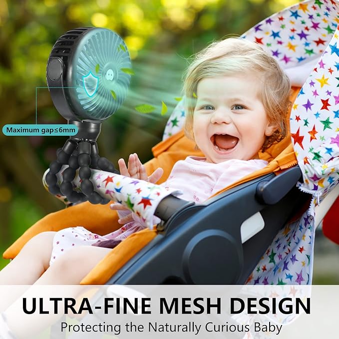 snawowo Mini Portable Baby stroller Fan, Battery Operated Personal Small Handheld Fan, 360° Rotate Flexible Tripod Rechargeable Clip On for Car Seat Crib Bike Treadmill Travel Camping Black