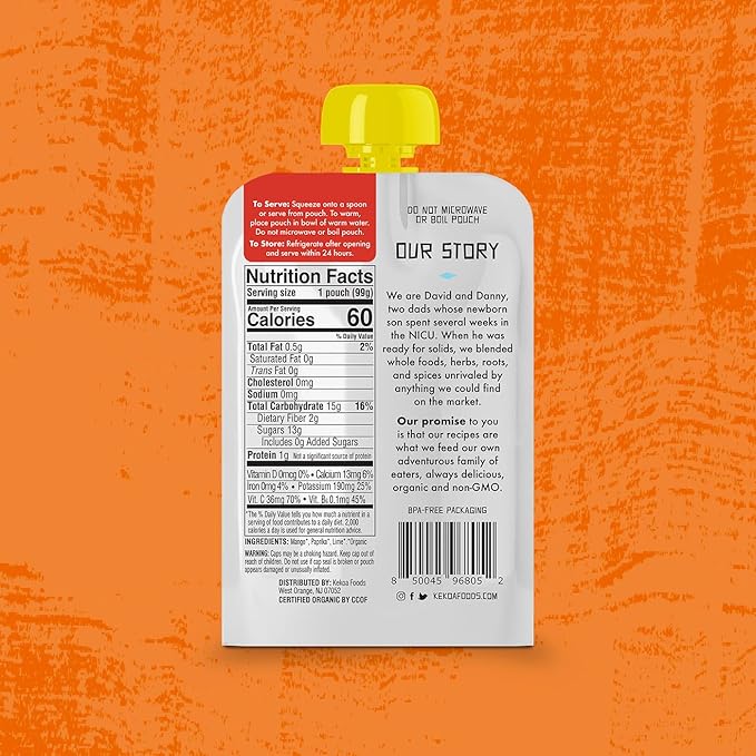 Kekoa Foods 100% USDA Certified-Organic Vegetarian Baby Food Puree Variety Pack: 3.5 oz Squeeze Pouches | Apple & Ginger, Mango Paprika, Curry Vegetable Mango | No Added Sugar or Salt | Nutrient-Rich