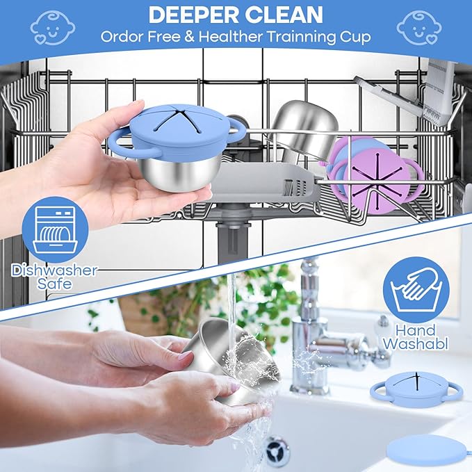 2-Pack Stainless Steel Snack Cup for Toddlers Spill-Proof, Baby Food Containers with Removable Silicone Lids & Handles | Dishwasher Safe, BPA-Free On-the-Go Kids Snack Containers Box