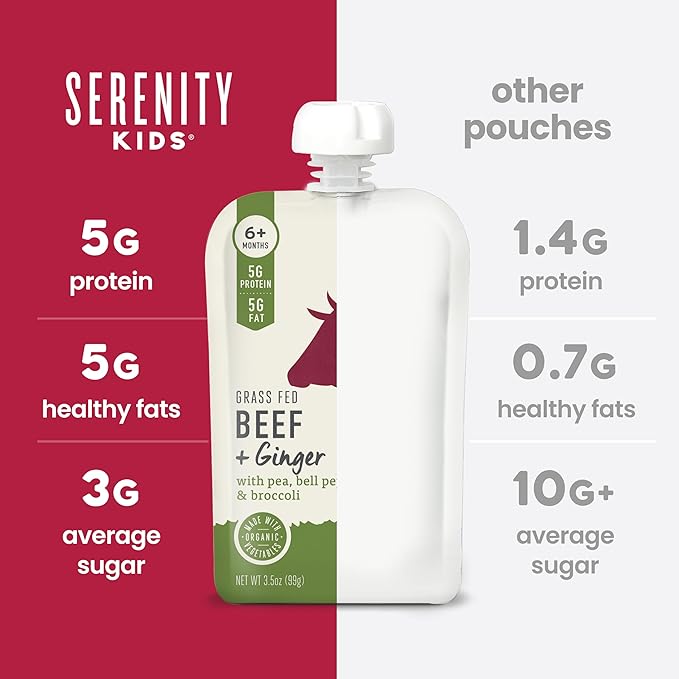 Serenity Kids 6+ Months Beef & Ginger Baby Food Puree Pouches - Grass Fed Beef & Organic Peas, Bell Pepper & Broccoli - No Added Sugar & BPA-Free Pouches - 3.5 Oz, 6 Pack