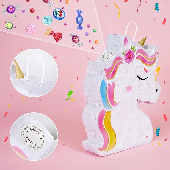 WERNNSAI Unicorn Piñata - Unicorn Party Supplies Piñata Bundle with Blindfold and Bat for Girls Kids Rainbow Unicorn Theme Birthday Party Game Decorations (15.7" x 12.2" x 3.1")