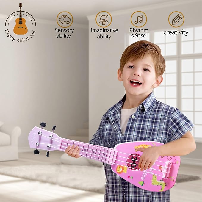 YOLOPARK 17" Kids Toy Guitar for Girls Boys, Mini Toddler Ukulele Guitar with 4 Strings Keep Tones Can Play for 3, 4, 5, 6, 7 Year Old Kids Musical Instruments Educational Toys for Beginner (Pink)