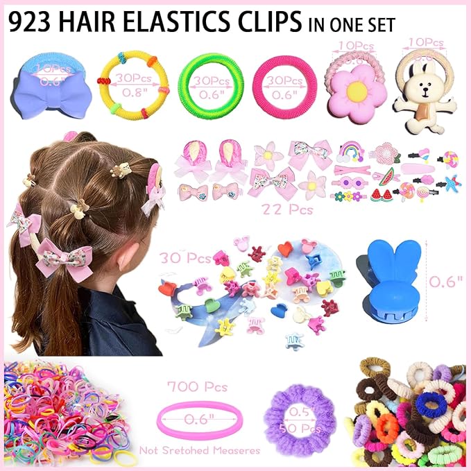 923 Pcs Toddler Hair Accessories - Baby Girls Elastic Ties, Soft Rubber Bands With Bow Clips, Claws - Assorted Supplies for Little One Kids With Thin Hair