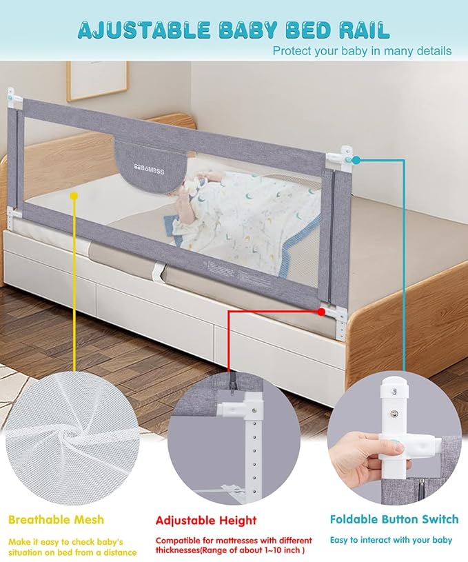 MBQMBSS 73" Bed Rails for Toddlers, Universal Bed Rails for Toddlers, Adjustable Baby BedRail Guard for Queen King Twin Full Size Mattress, Extra Tall Bed Sides Rails with Double Safety Lock(1 Side)