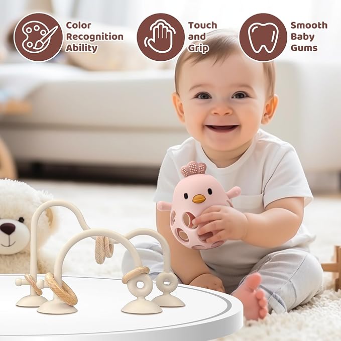 Baby High Chair Suction Toys Teething Chew - Baby Table Toys, Teething Toys Silicone Teethers, Food Grade Silicon for 6 12 18 Months (Beige Rosepink)