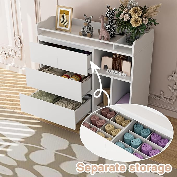 Nursery Dresser with Changing Table Top, Tall Changing Table Dresser of Bedroom, Wooden Dressers & Chests of Drawers, 4 Drawers with 2 Open Shelves, White