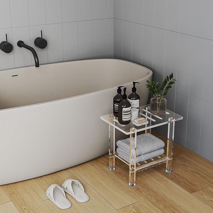 Sumerflos Acrylic Shower Bench for Inside Shower - 18.58" L x 12.60" W x 16.34" H Bathroom Shower Stool with Storage Shelf Heavy Duty (Hold Up to 400lbs) for Shaving Legs Waterproof Non-Slip