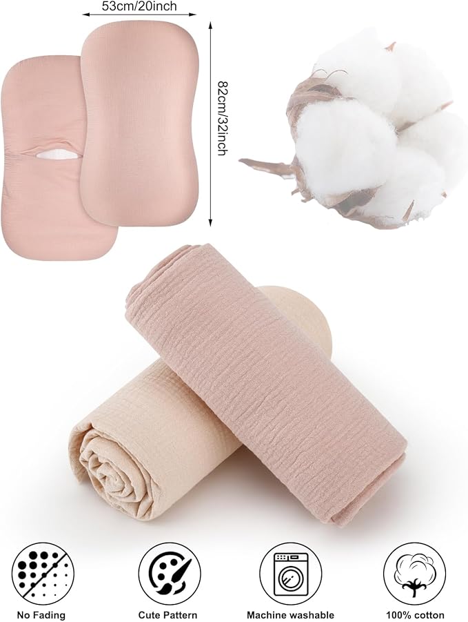 Muslin Baby Lounger Cover for Snuggle Me Organic Lounger/Baby Lounger/Organic Cotton Handmade Cover for Infant/Toddler Lounger/Nursing Pillow(Pink, Wheat)