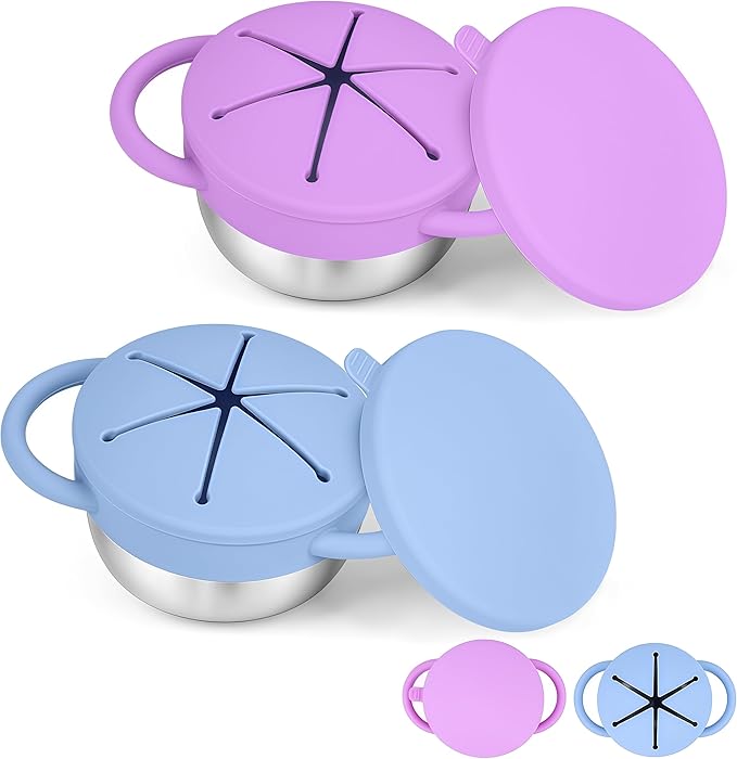 2-Pack Stainless Steel Snack Cup for Toddlers Spill-Proof, Baby Food Containers with Removable Silicone Lids & Handles | Dishwasher Safe, BPA-Free On-the-Go Kids Snack Containers Box