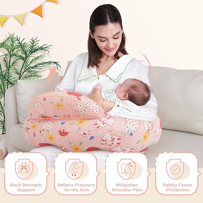 Nursing Pillow for Breastfeeding, Animal Patterns Removable Cotton Cover, Machine Washable, Strawberry Pattern （Candy Pink）