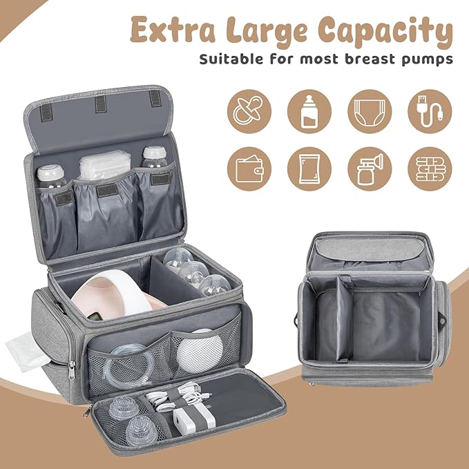 Breast Pump Bag for Spectra S1 S2 with Waterproof Mat, Breast Milk Cooler Bag for Pump Essentials, Pumping Bags for Working Mom Travel Camping, Grey