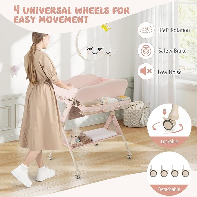 BABY JOY Portable Baby Changing Table, Foldable Diaper Changing Station w/Wheels, Adjustable Height, Large Storage Rack, Water Basin, Safety Belt, Mobile Nursery Organizer for Newborn Infant (Pink)