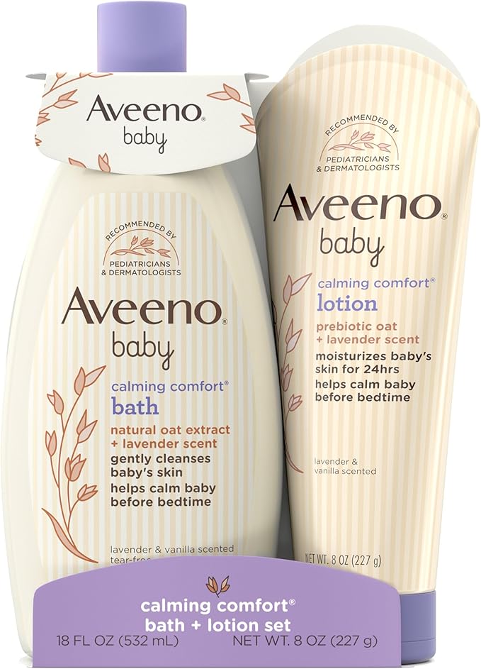 Aveeno Baby Calming Comfort Bath & Body Lotion Set, Nighttime Baby Skin Care Products with Nourishing Oatmeal Plus Relaxing Lavender & Vanilla Scents, Paraben- & Phthalate -Free, 2 Items
